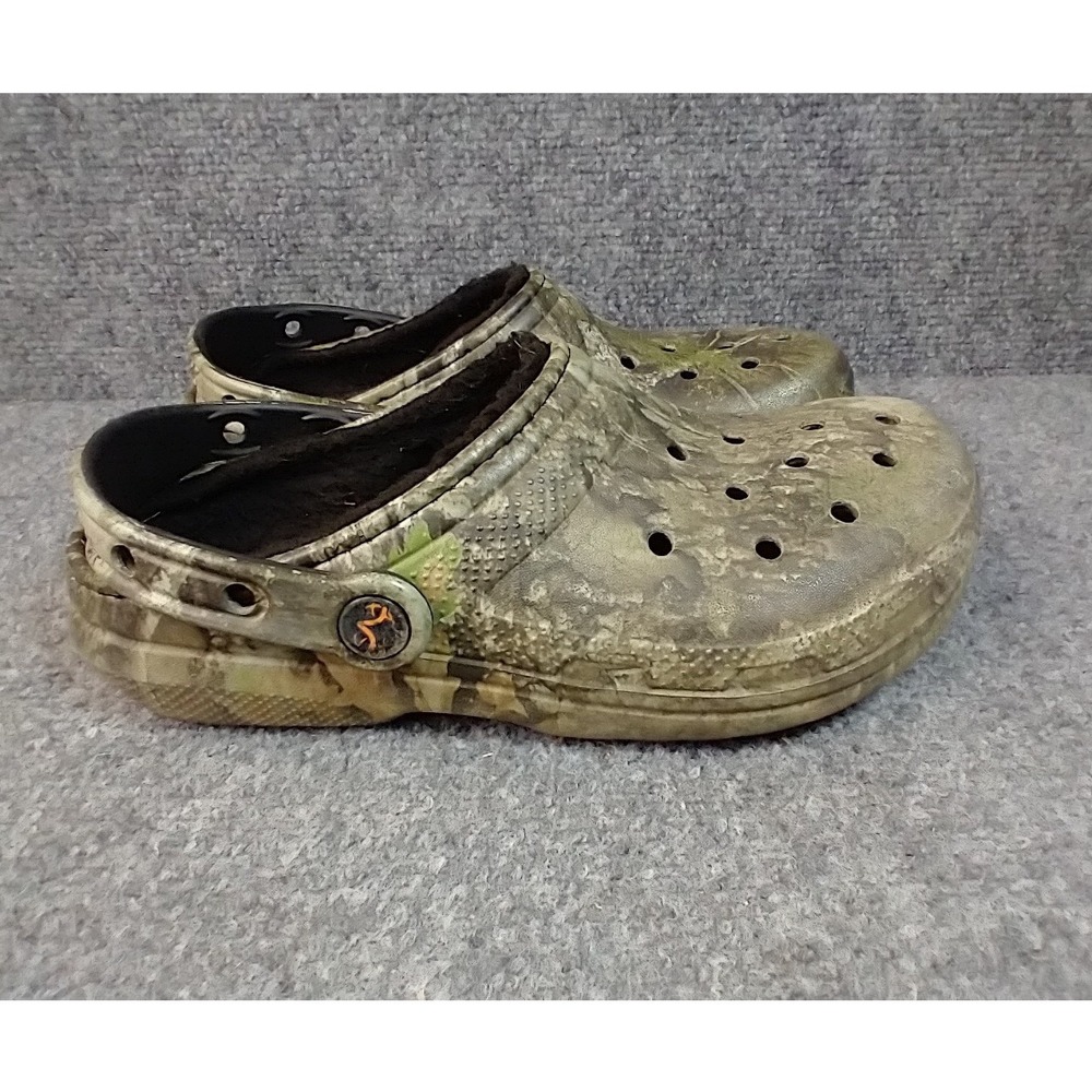 Crocs Clogs Kids Size J3 Green Realtree APX Camo Fleece Lined Slip On Shoes
